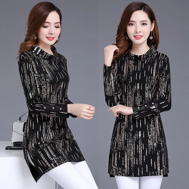 Spring Fall Fashion Woman Female Turtleneck Printed Golden Striped Black Shirt , Korea Womens Irregular 5xl Patchwork Shirts
Spring Fall Fashion Woman Female Turtleneck Printed Golden Striped Black Shirt , Korea Womens Irregular 5xl Patchwork Shirts