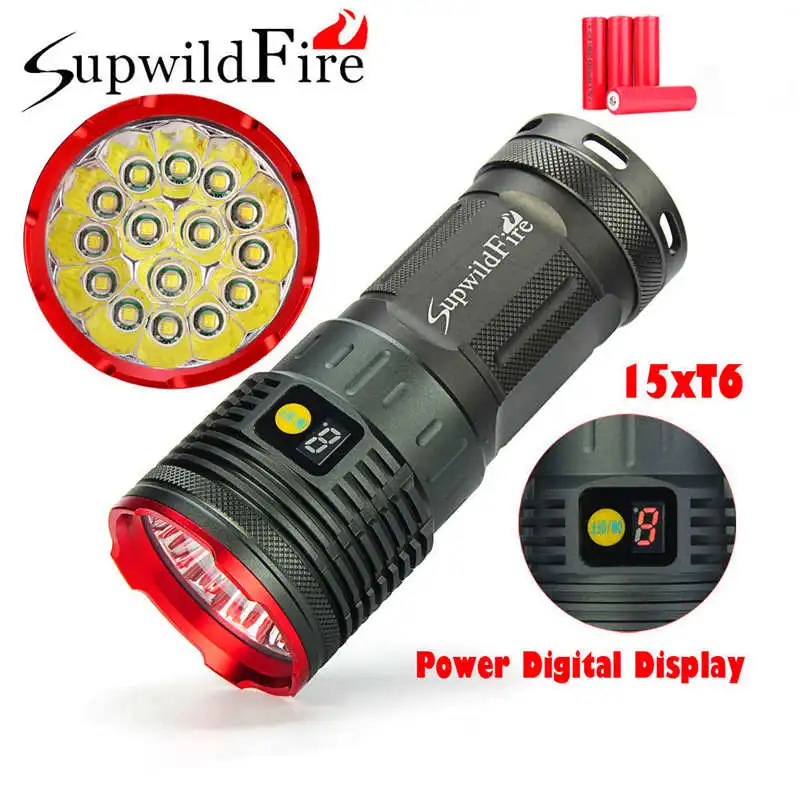 Supwildfire 50000LM 15 x XM-L T6 LED rechargeable Power Digital Display Hunting powerful led flashlight 18650 battery #3S28 | Лампы и
