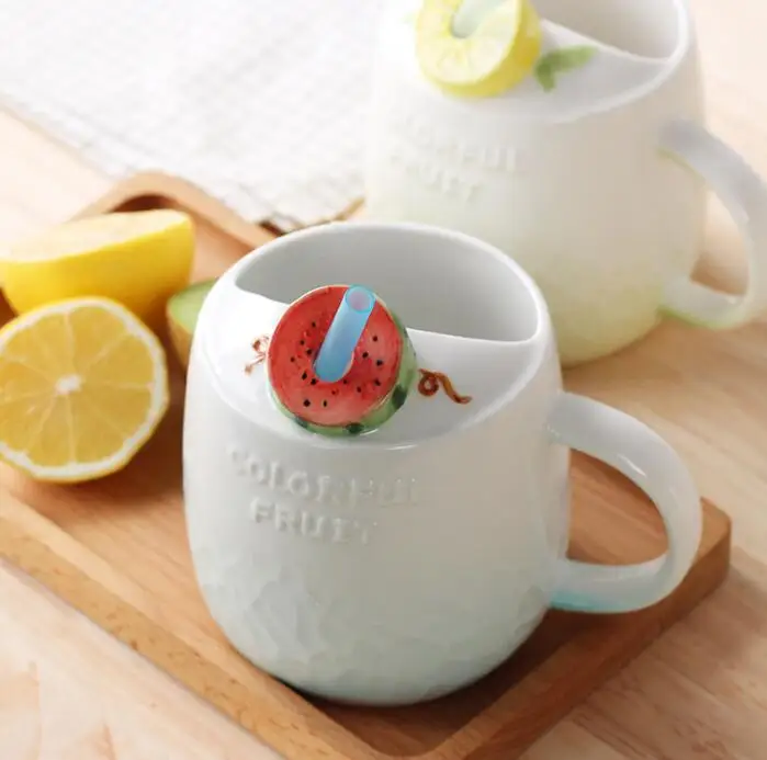 

Милые кружки с фруктовым орнаментом с ложкой креативная керамическая кофейная кружка для завтрака молочная кружка для воды фарфоровая чаш...