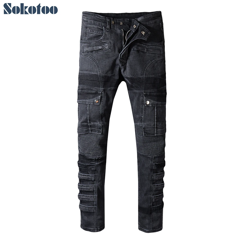 Фото Специальная цена! Мужские черные байкерские джинсы карго в стиле пэчворк с (купить)
