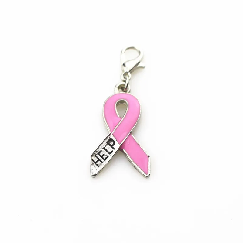 

Wholesale 20pcs Pink Cancer Ribbon Hope Charms Macroporous beads Hanging Charm Diy Bracelet Jewelry Lobster Clasp Dangle Charm