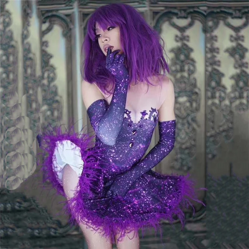 Sexy Sleeveless Pole Dance Costume Purple Feather Crystals Short Dress Nightclub Dj Ds Evening Dress Women Stage Outfit DT549
Sexy Sleeveless Pole Dance Costume Purple Feather Crystals Short Dress Nightclub Dj Ds Evening Dress Women Stage Outfit DT549