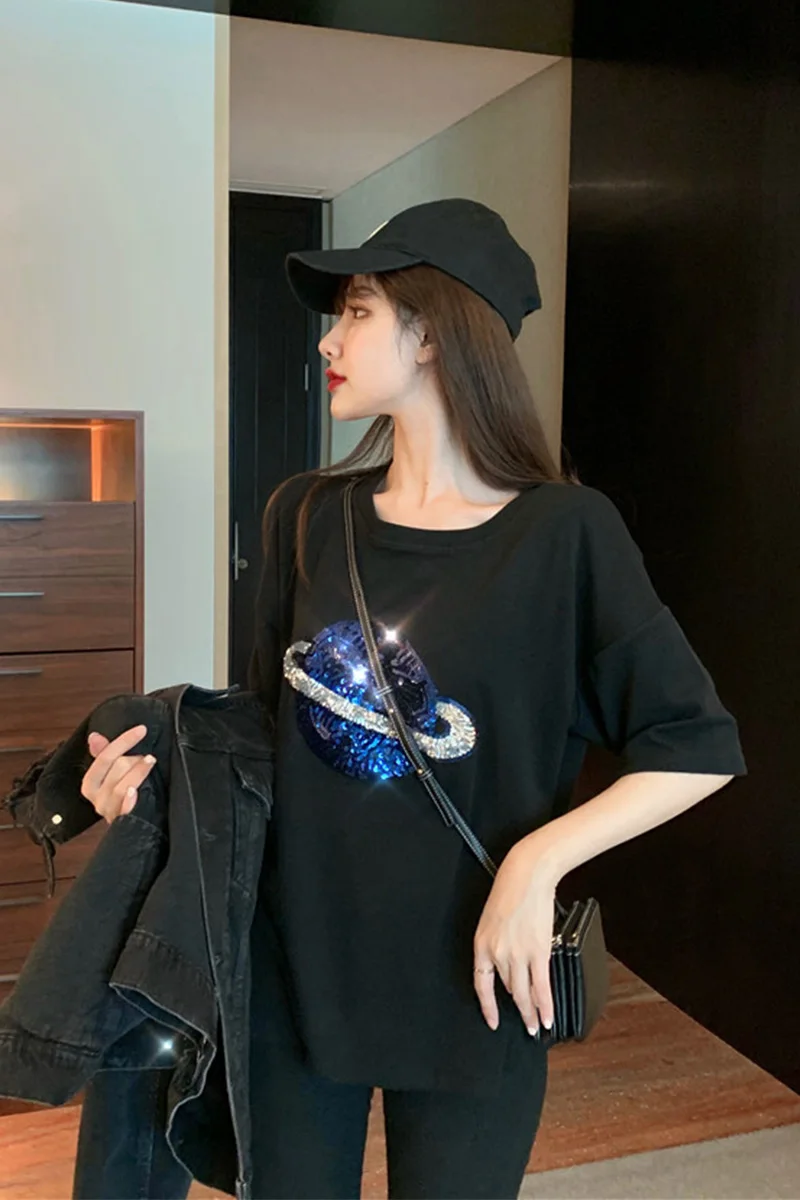 New Summer Fashion Large Size Tshirts for Women Planet Sequins Short Sleeve Pullovers Tops Loose Students T-shirts S-4XL
New Summer Fashion Large Size Tshirts for Women Planet Sequins Short Sleeve Pullovers Tops Loose Students T-shirts S-4XL