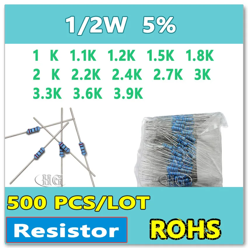 JASNPROSMA 500PCS/LOT 5% 1/2W 1K 1.1K 1.2K 1.5K 1.8K 2K 2.2K 2.4K 2.7K 3K 3.3K 3.6K 3.9K carbon film DIP OHM Resistor
JASNPROSMA 500PCS/LOT 5% 1/2W 1K 1.1K 1.2K 1.5K 1.8K 2K 2.2K 2.4K 2.7K 3K 3.3K 3.6K 3.9K carbon film DIP OHM Resistor