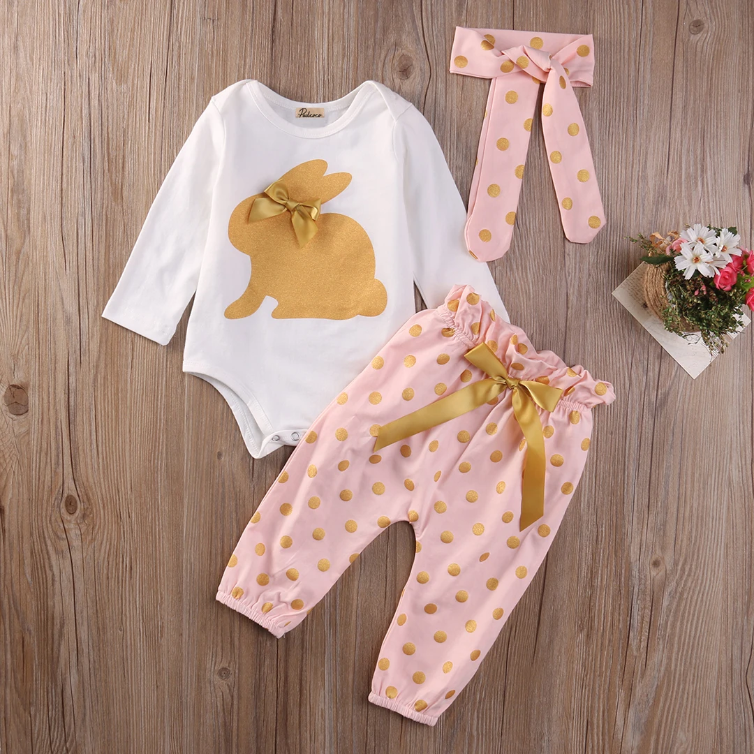 Одежда для новорожденных девочек милые комбинезоны с кроликами штаны повязка на