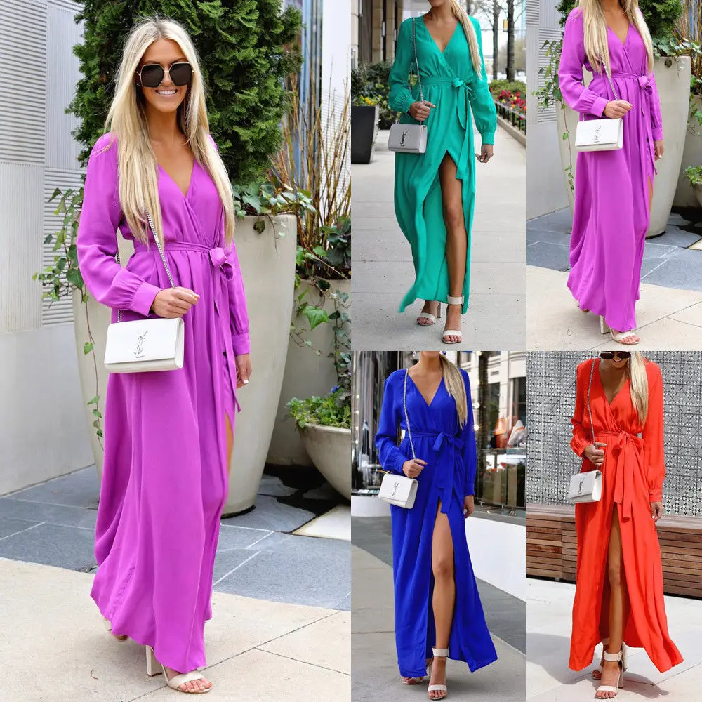 S-XL women autumn winter sey v neck long sleeve dress sashes pure color split dress casual leisure maxi dress
S-XL women autumn winter sey v neck long sleeve dress sashes pure color split dress casual leisure maxi dress