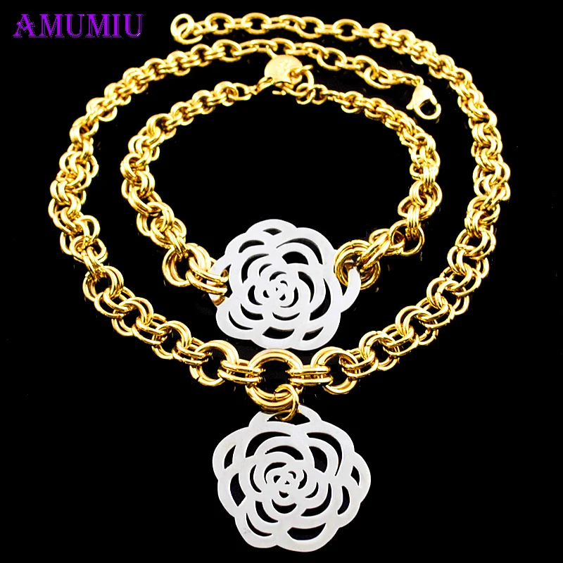 AMUMIU Flower Plant Women Jewelry Set Pendant Necklace Bracelet Gold Color Female Jewellery Fashion Hot Sale JS048
AMUMIU Flower Plant Women Jewelry Set Pendant Necklace Bracelet Gold Color Female Jewellery Fashion Hot Sale JS048