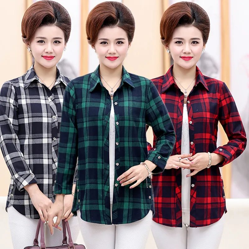 Women's Fashion Plaid Shirt Female Loose Blouses Long Sleeve Shirt Plus Size Cotton Blusas Office tops Middle-aged cotton shirt
Women's Fashion Plaid Shirt Female Loose Blouses Long Sleeve Shirt Plus Size Cotton Blusas Office tops Middle-aged cotton shirt