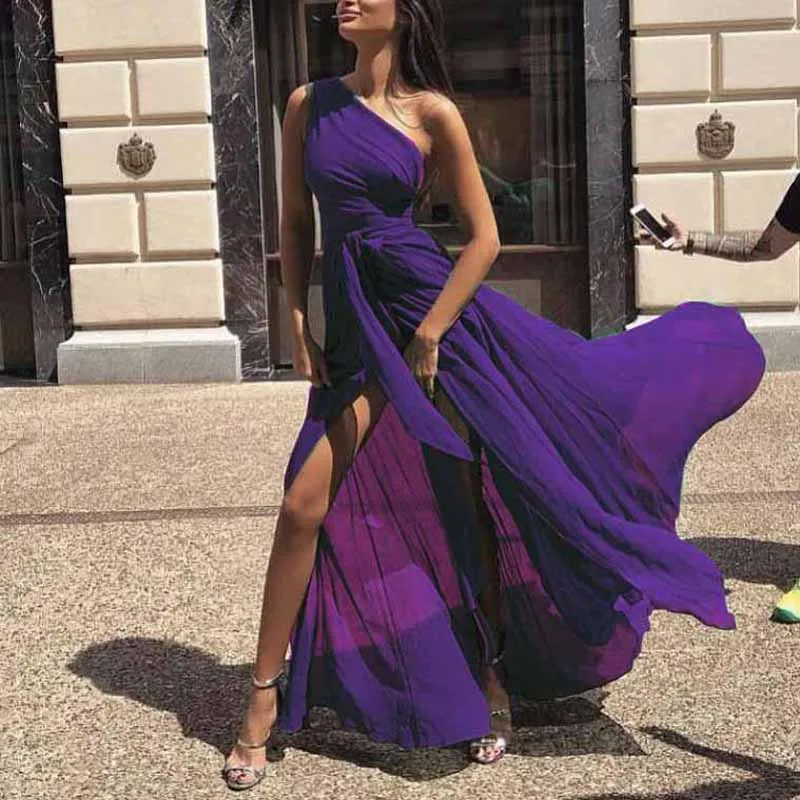 Women Maxi Dress Off Shoulder Bohemian Chiffon Long Dress Solid Color Party Evening One Shoulder Tie Waist High Slit Dresses
Women Maxi Dress Off Shoulder Bohemian Chiffon Long Dress Solid Color Party Evening One Shoulder Tie Waist High Slit Dresses