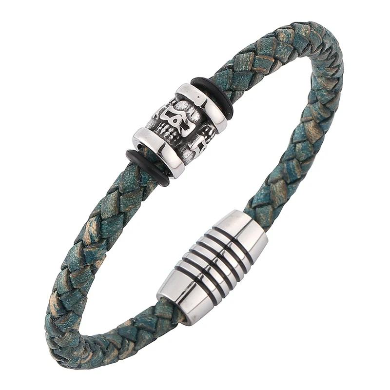 Punk Men Skull Bracelets Green Leather Braid Bracelets Fashion Stainless Steel Magnetic Clasp Bangles Man Jewelry Gift BB0195
Punk Men Skull Bracelets Green Leather Braid Bracelets Fashion Stainless Steel Magnetic Clasp Bangles Man Jewelry Gift BB0195