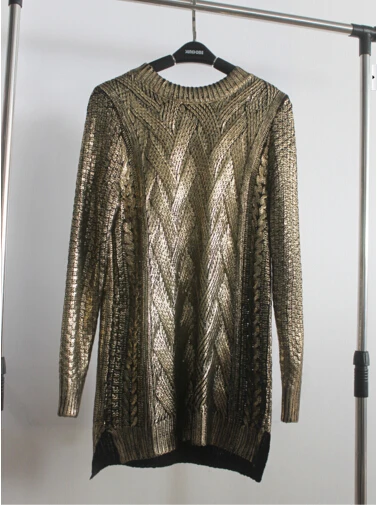 Винтажный бронзирующий Золотой Цвет Средний длинный свитер ретро Кабель Твист