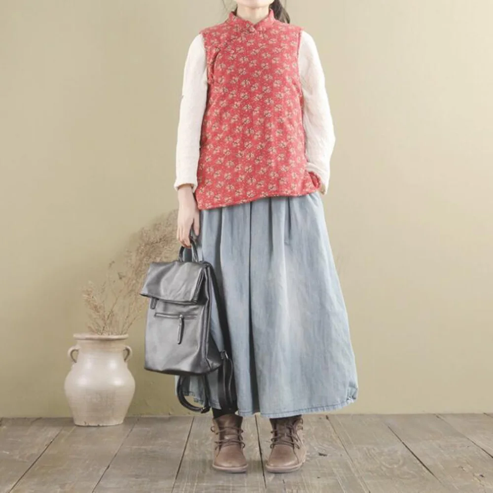 Runback Print Veste Femme Cotton Padded Button Sleeveless Stand Collar Vest Women Warm Jackets Winter 2020 Waistcoats | Женская одежда