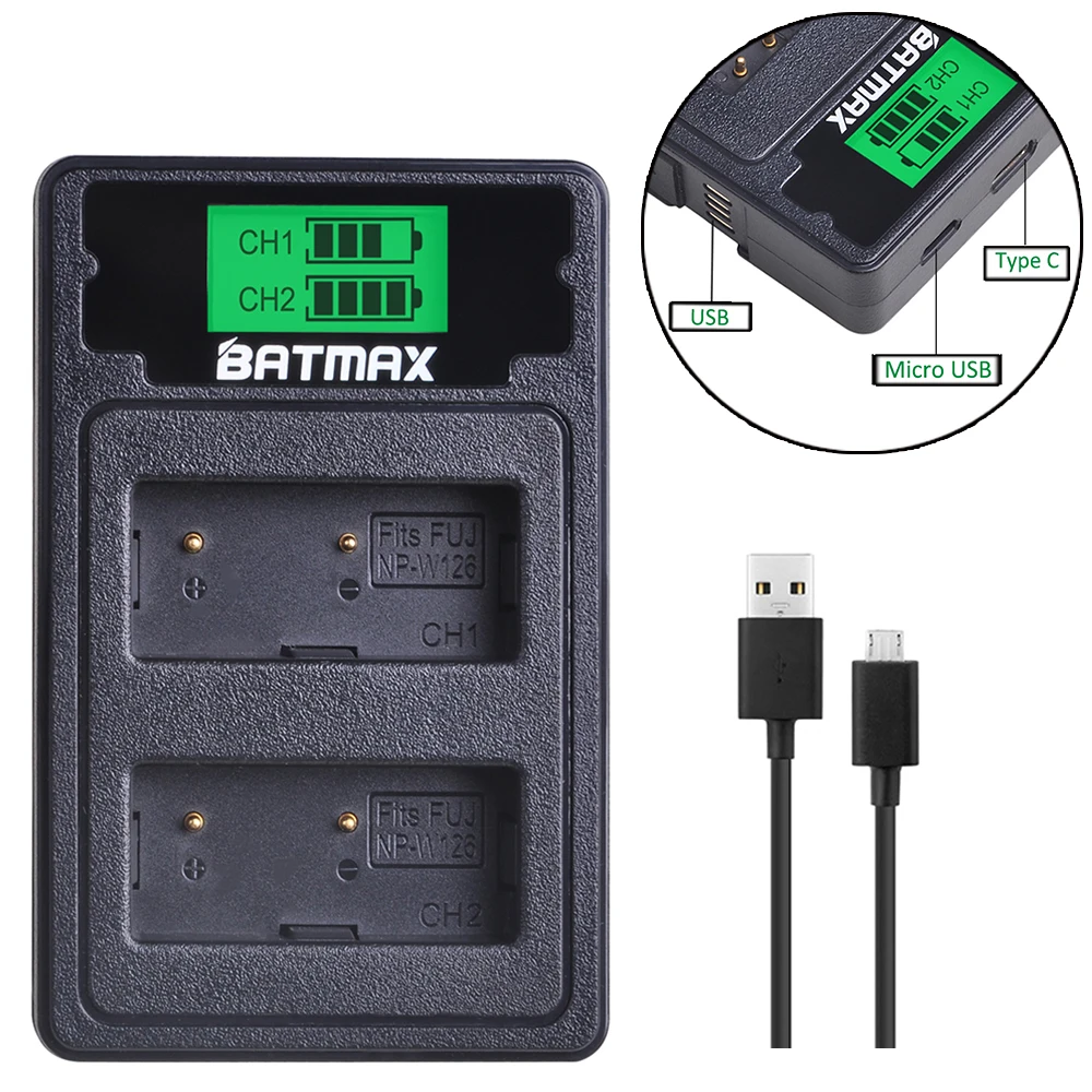Batmax NP-W126 W126 Батарея + ЖК-дисплей Dual USB Зарядное устройство & Тип C Порты и разъёмы