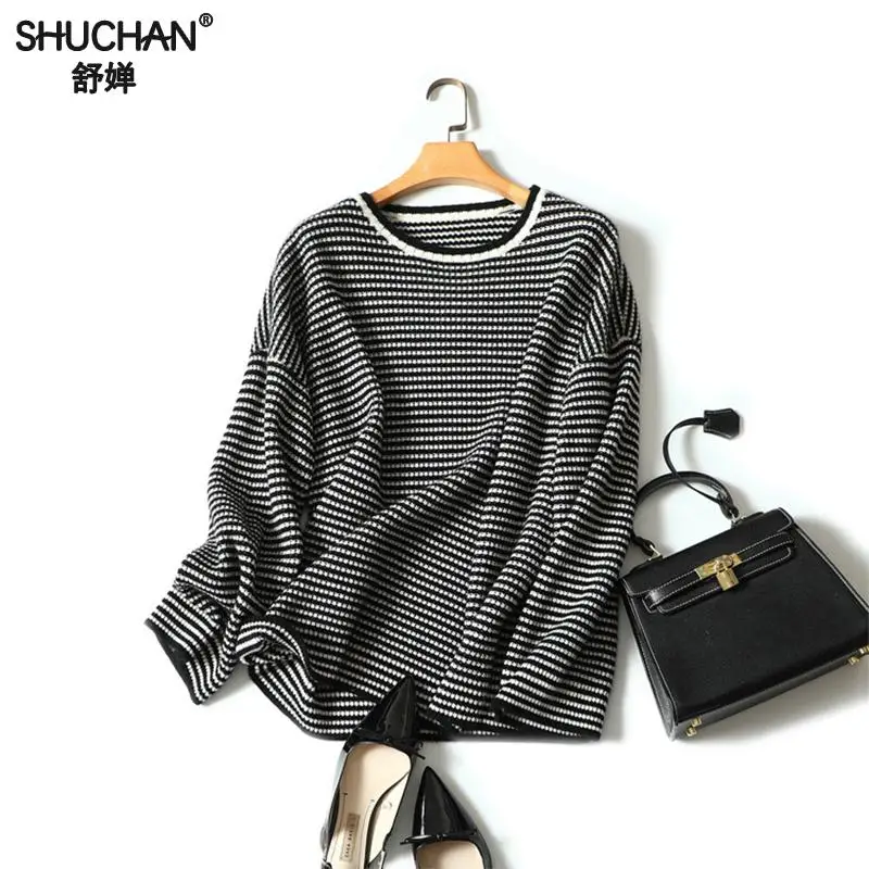Shuchan 100% Cashmere Black Sweaters Women Pullover Long Sleeve Striped Loose Female Sweater Jumpers Knitted
Shuchan 100% Cashmere Black Sweaters Women Pullover Long Sleeve Striped Loose Female Sweater Jumpers Knitted