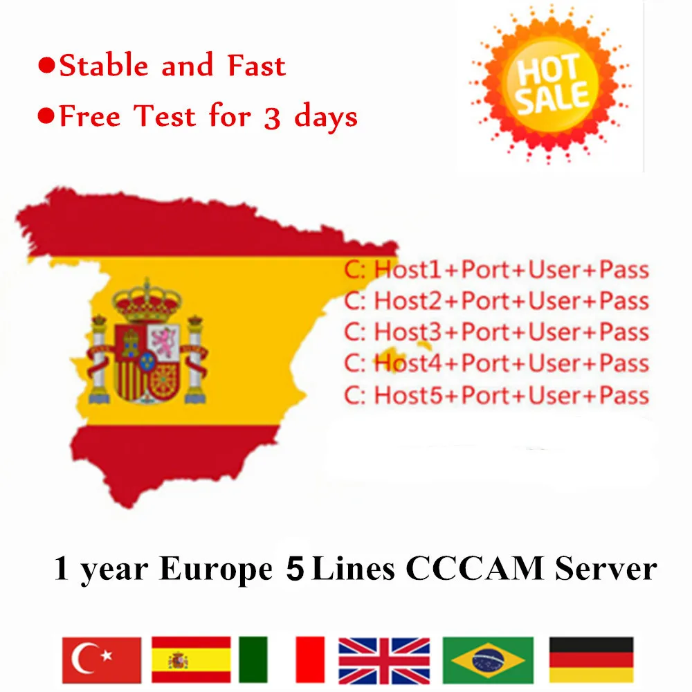 2019 стабильное 1 год Европа 5 линийcccam для Испания Италия Германия HD цифровой DVB S2 V7S