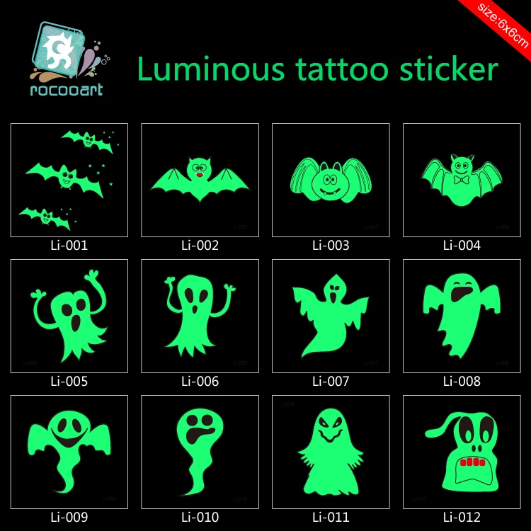 

Rocooart Latest Glow in the dark Temporary Fake Ghost Flash Tattoo Stickers Luminous Body Art Tatoo For Halloween Day Taty