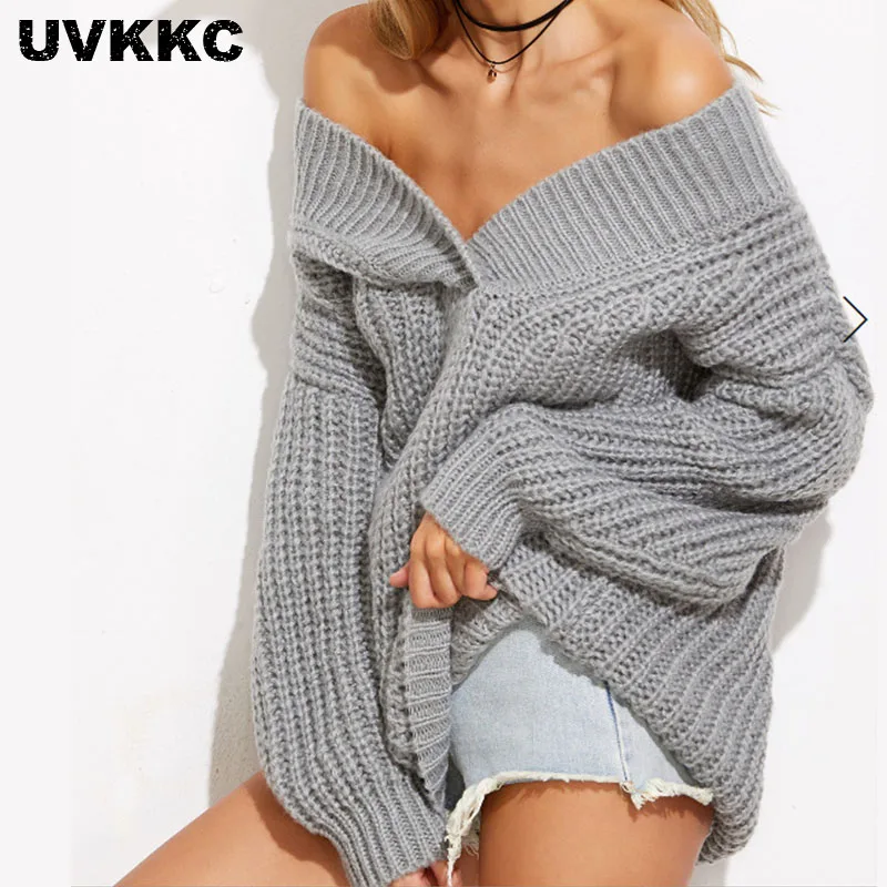 UVKKC женский свитер 2019 зима с открытыми плечами глубокий v-образный вырез