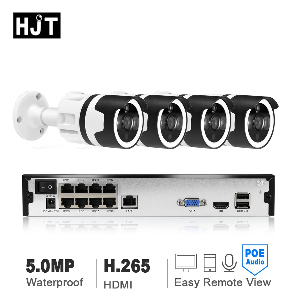 HJT HD 4CH H.265 5.0MP POE Audio NVR Kit Система видеонаблюдения IP камера наружная