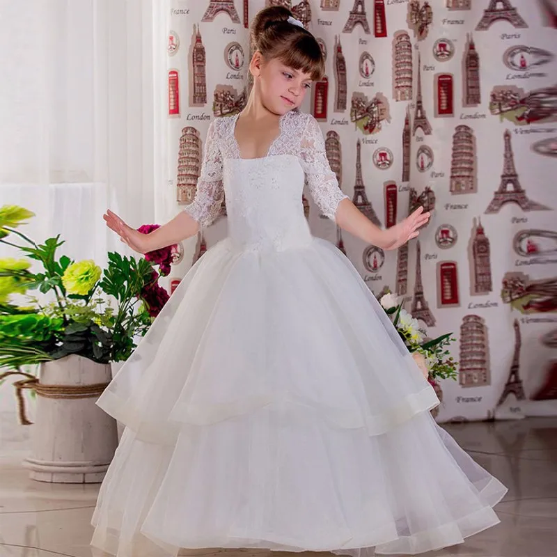 

2021 New Flower Girl Dresses Appliques Ball Gown Three Quarter Sleeves Tiered Puffy First Communion Pageant Gowns Custom Made