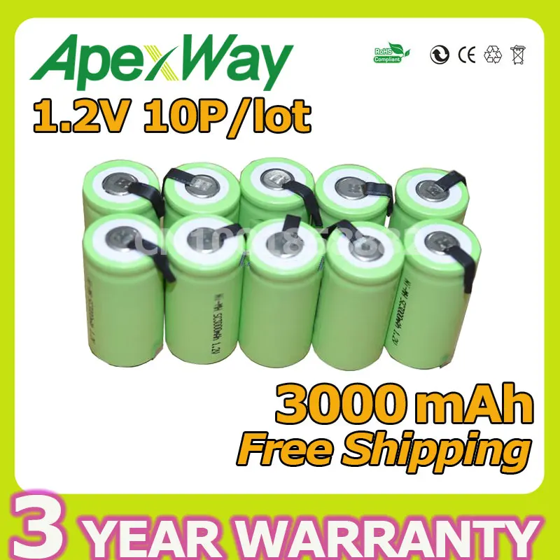 Apexway 10Pcs/Lot 3000mAh 1.2V Sub C SC Ni-MH NiMH Rechargeable Battery Batteries
Apexway 10Pcs/Lot 3000mAh 1.2V Sub C SC Ni-MH NiMH Rechargeable Battery Batteries