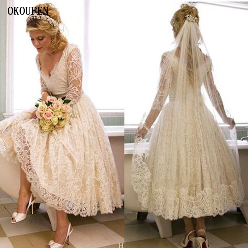 Lace Wedding Dresses 2020 Tea Length Short V-Neck A-Line vestido de novia Long Sleeves robe mariage Vintage Bridal Gowns
Lace Wedding Dresses 2020 Tea Length Short V-Neck A-Line vestido de novia Long Sleeves robe mariage Vintage Bridal Gowns