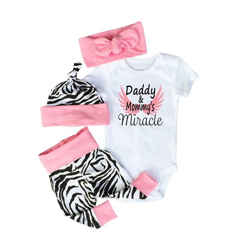 4PCS Sets Newborn Baby girls clothes Daddy & Mommy's Miracle Bodysuit + Zebra Pants+Hat +Headband Infant Toddle Girls Outfit
4PCS Sets Newborn Baby girls clothes Daddy & Mommy's Miracle Bodysuit + Zebra Pants+Hat +Headband Infant Toddle Girls Outfit