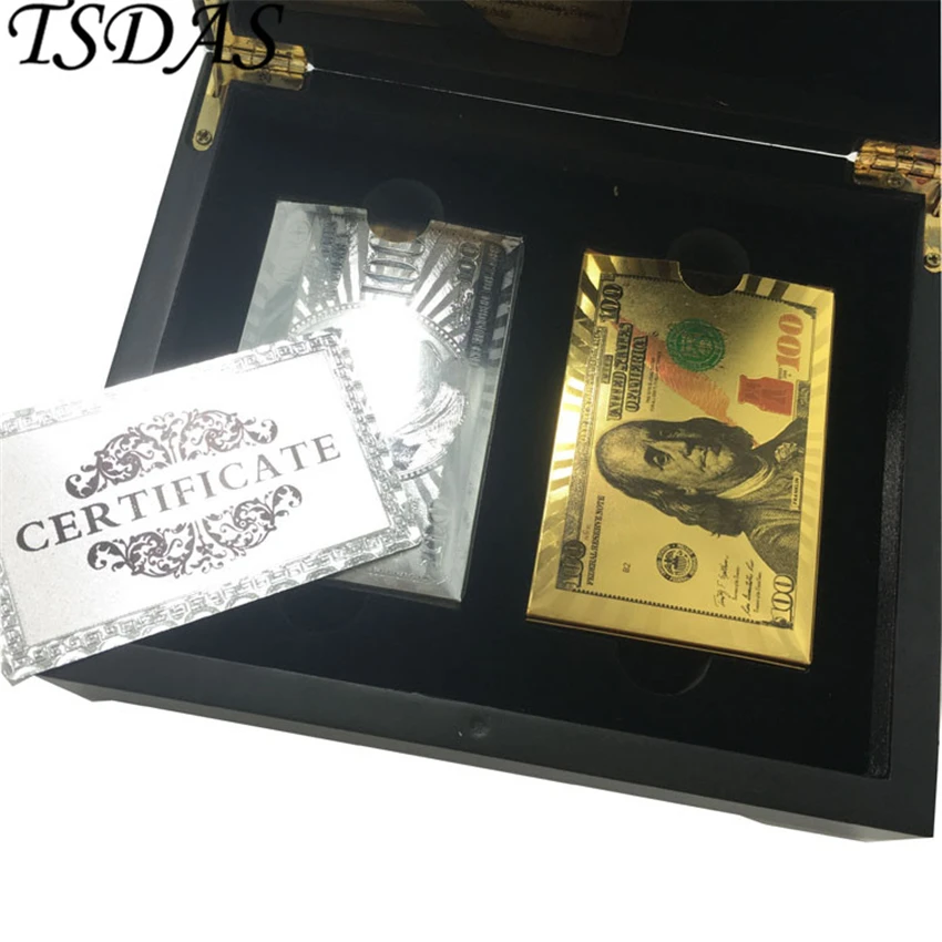 Collection Wooden Box Set With Gold & Silver 100 USD 24k Gold Foil Playing Cards Best Gift Set For The Card Player
Collection Wooden Box Set With Gold & Silver 100 USD 24k Gold Foil Playing Cards Best Gift Set For The Card Player