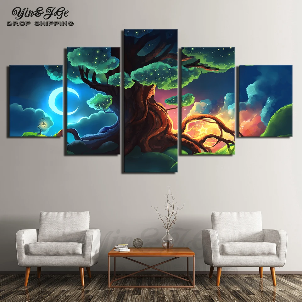 HD Painting Decoration Living Room Wall Art Printing 5 Pieces Cartoon Landscape Poster Modular Anime Pictures Canvas Frameworks | Дом и сад