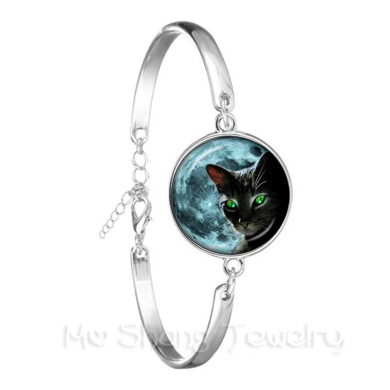 Уникальный Женский браслет с серебряным покрытием изображением черной кошки