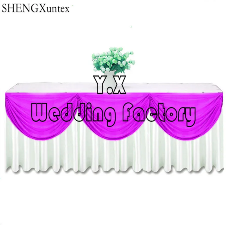 Hot Sale White Color Ice Silk Table Skirt With Color Swags For Wedding Decoration
Hot Sale White Color Ice Silk Table Skirt With Color Swags For Wedding Decoration