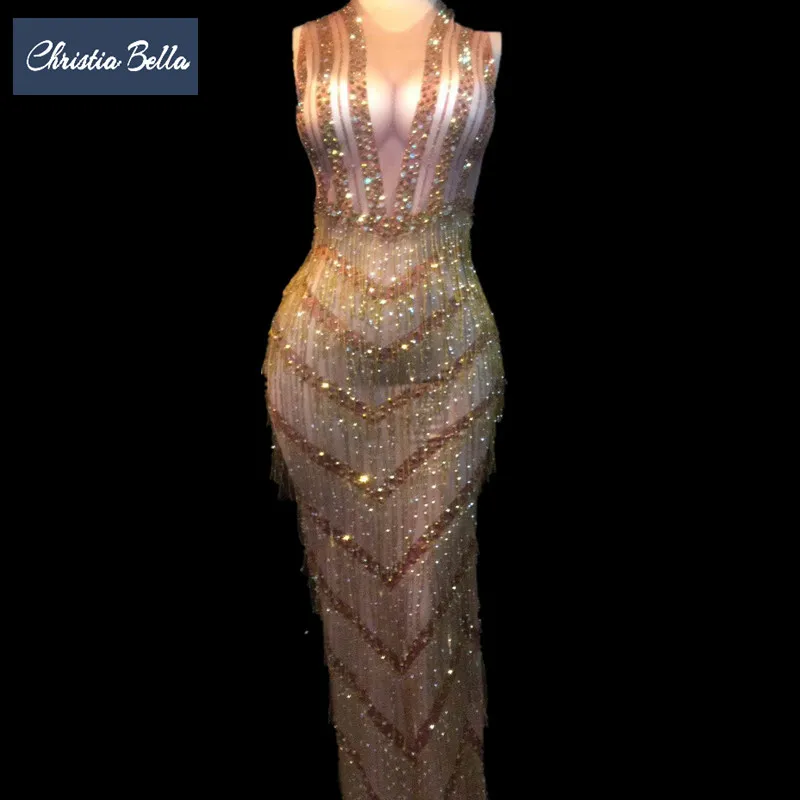 Sexy Gold Rhinestones Bodycon Dress Women Sleeveless Tassel Party Prom Fringes Long Dress Singer Full Dress Stage Costumes
Sexy Gold Rhinestones Bodycon Dress Women Sleeveless Tassel Party Prom Fringes Long Dress Singer Full Dress Stage Costumes