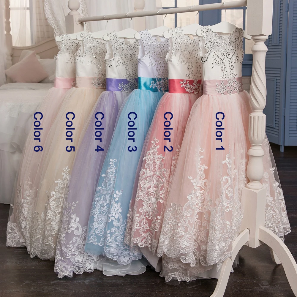 2018 Романтический Champagne Puffy Платье с кружевными цветами для девочек свадьбы из