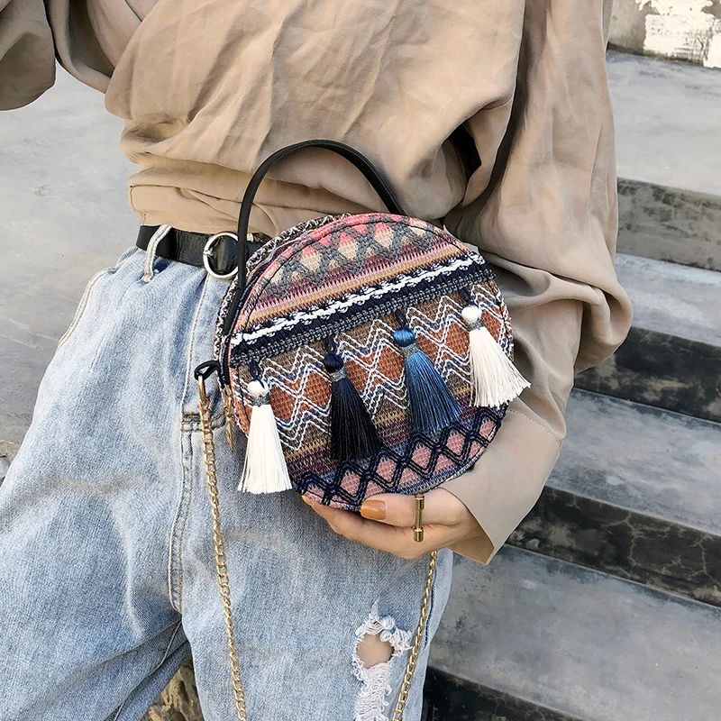 BENVICHED Ladies' bag 2021 new spring chain fashion retro Tassels Inclined single shoulder bag small circular bag c336