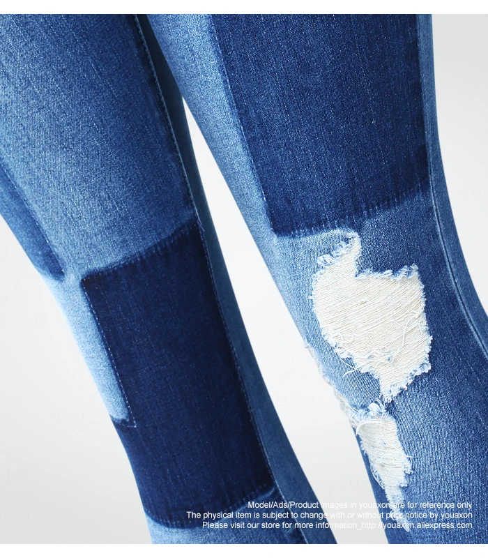 Новинка 2172 эластичные джинсы Youaxon с имитацией нашивки женские Синие рваные