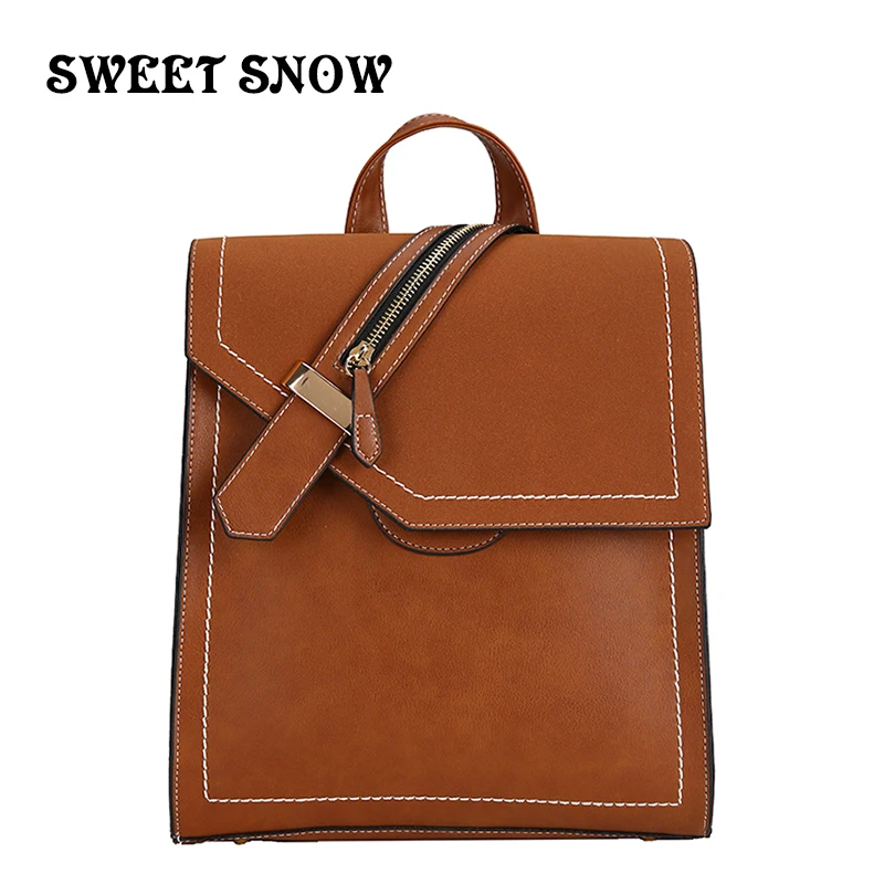 SWEET SNOW New Soft Leather Woman's Backpack Stylish Retro Covered Square Sewing Line Backpacks Solid Color Pop Bag | Багаж и сумки