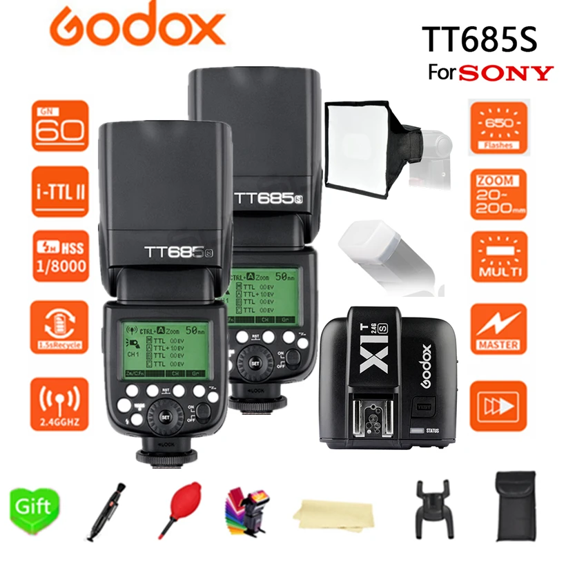 2x Godox TT685 TT685S 2 4G 1/8000s HSS TTL вспышка для камеры + фотовспышка 15*17 см софтбокс Sony DSLR