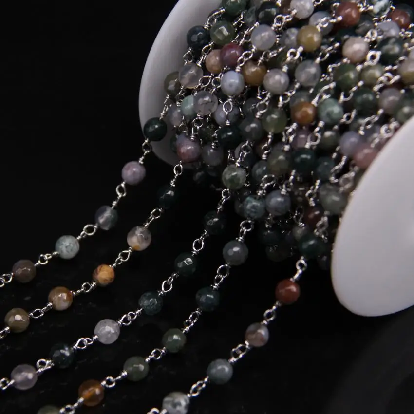 

6mm Natural Indian agates Faceted Round Bead Chain,Plating Silver Wire Wrapped With Green Gems Stone Rosary Chain Jewelry