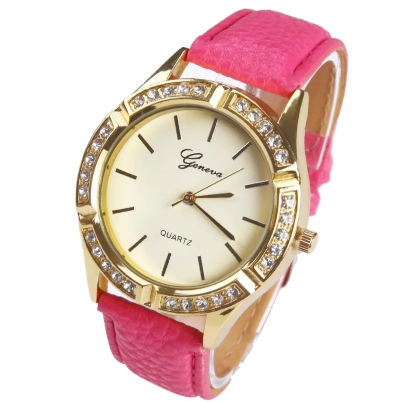 

Gnova Platinum Rhinestone Golden Watch Women Geneva Style 7 point stars Crystal Rim PU leather Quartz Fashion Woman wristwatch