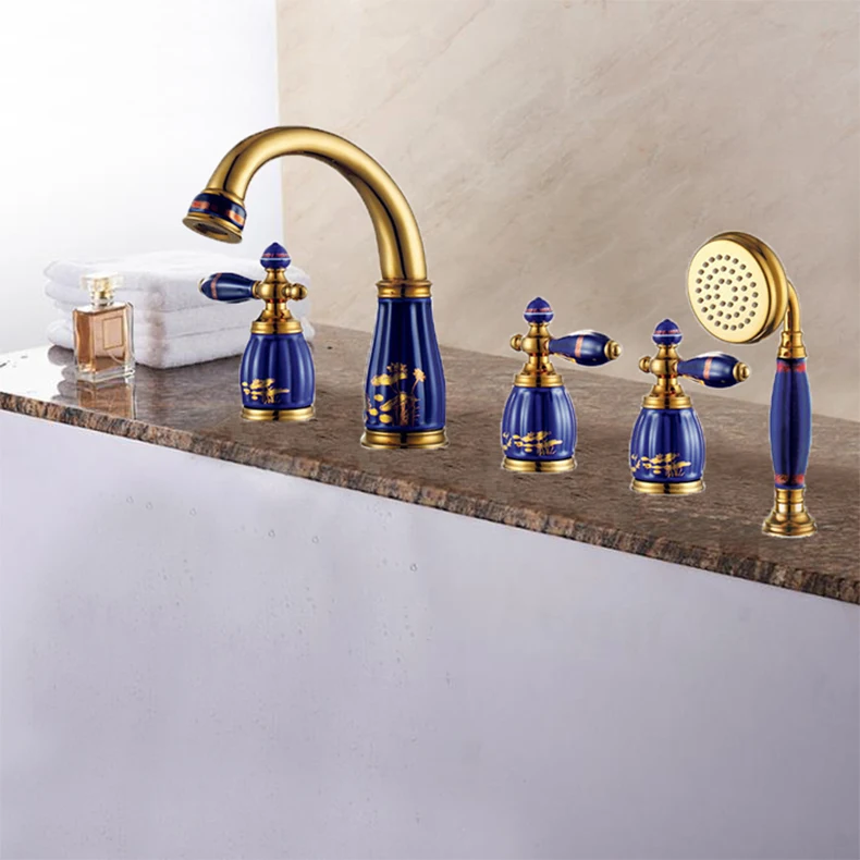 New brass Golden and porcelain 5 pcs Deck-Mounted bathroom bathtub faucet set with shower head Tub Filler Faucet Mixer Tap
New brass Golden and porcelain 5 pcs Deck-Mounted bathroom bathtub faucet set with shower head Tub Filler Faucet Mixer Tap