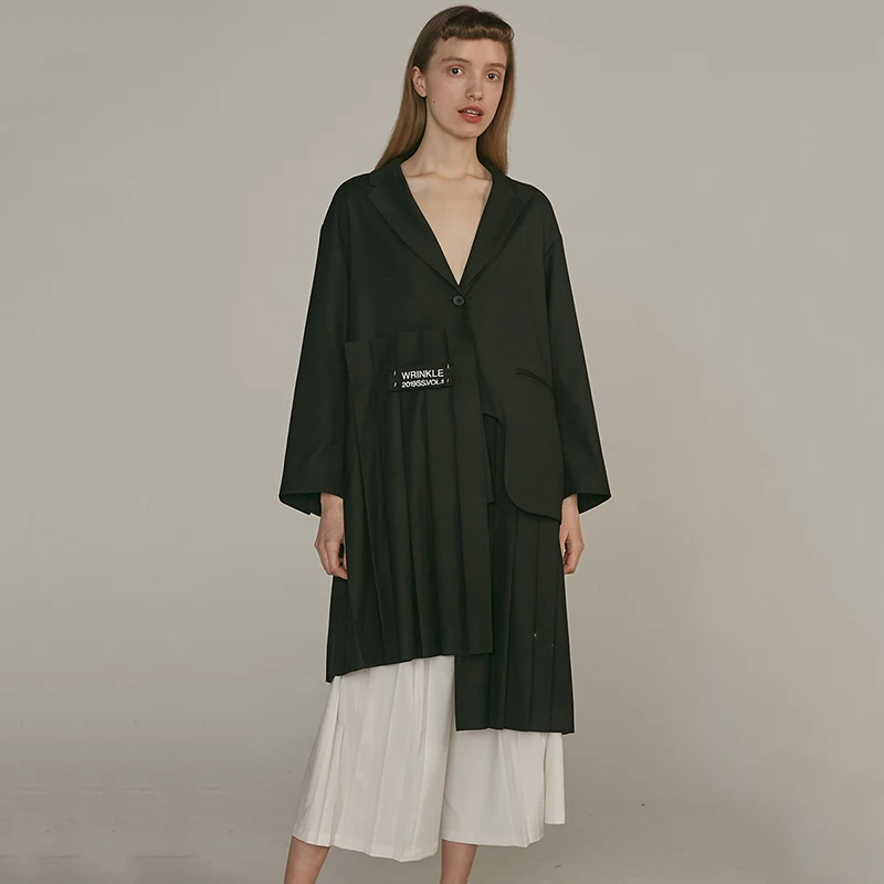 DEAT 2020 New Spring Summer Lapel Long Sleeve Khaki Irregular Hem Pleated Split Joint Windbreaker Women Trench Fashion JQ483 | Женская