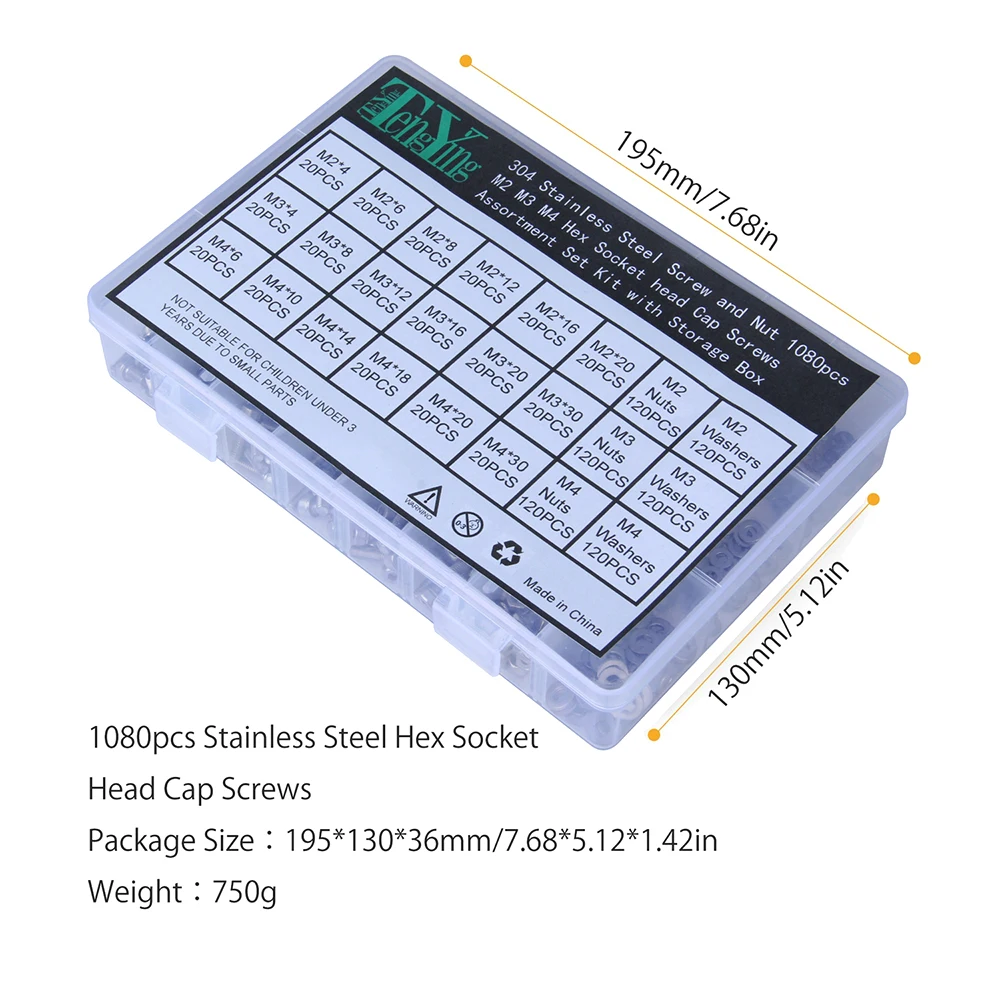 1080pcs/Lot M2 M3 M4 Button Head Hex Socket Screw Bolt Nut Stainless Steel 304 Screws Nuts Assortment Kit Fastener Hardware
1080pcs/Lot M2 M3 M4 Button Head Hex Socket Screw Bolt Nut Stainless Steel 304 Screws Nuts Assortment Kit Fastener Hardware