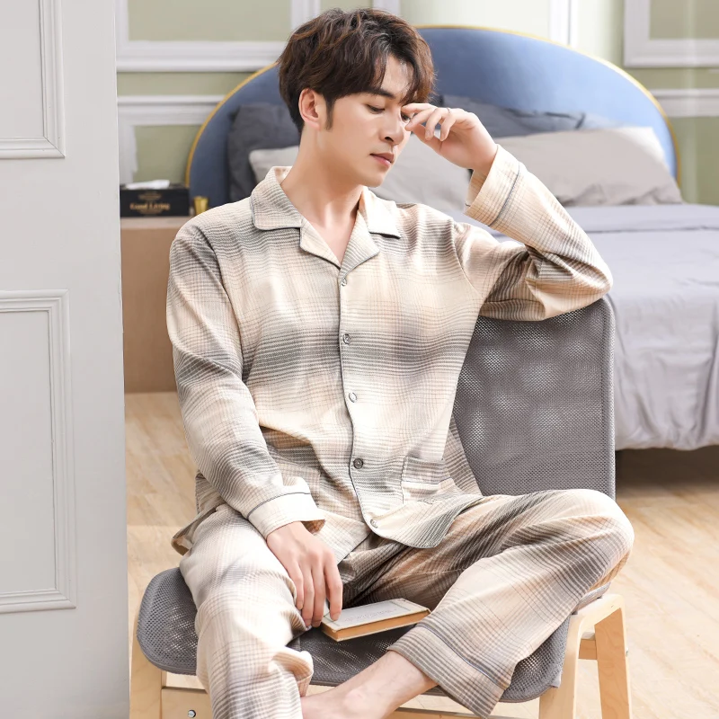 Fashion cardigan pyjamas for man knit full cotton casual autumn pajamas sets men sleepwear pijamas hombre pajamers | Мужская одежда