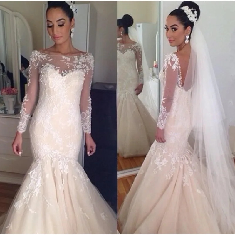 Newest Wedding Dress Mermaid Backless Long Sleeve Illusion Neckline Tulle Bridal Gown vestido de casamento
Newest Wedding Dress Mermaid Backless Long Sleeve Illusion Neckline Tulle Bridal Gown vestido de casamento