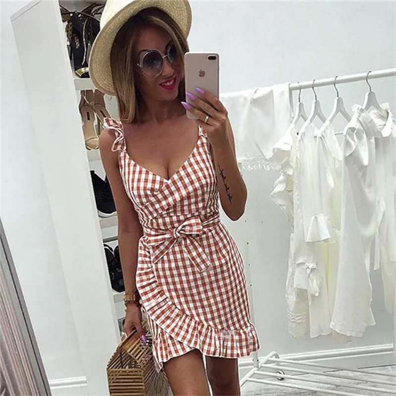 ELSVIOS Women backless plaid Ruffle bodycon dress 2019 Summer beach Strapless spaghetti strap wrap dress Sashes party Vestidos
ELSVIOS Women backless plaid Ruffle bodycon dress 2019 Summer beach Strapless spaghetti strap wrap dress Sashes party Vestidos