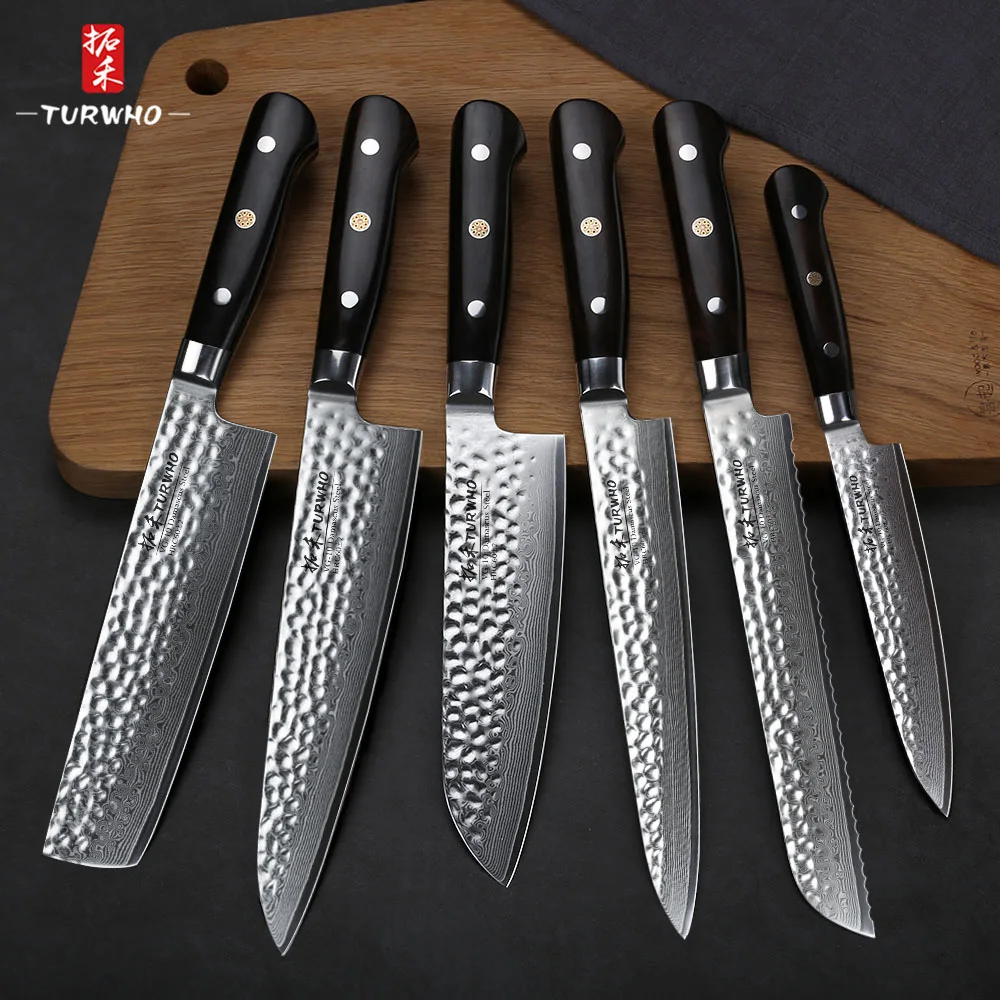 TURWHO 6PCS Best Kitchen Chef Knife Sets Japanese 67 layers Damascus Steel Chef Santoku Utility Knife Cooking Set Ebony Handle
TURWHO 6PCS Best Kitchen Chef Knife Sets Japanese 67 layers Damascus Steel Chef Santoku Utility Knife Cooking Set Ebony Handle