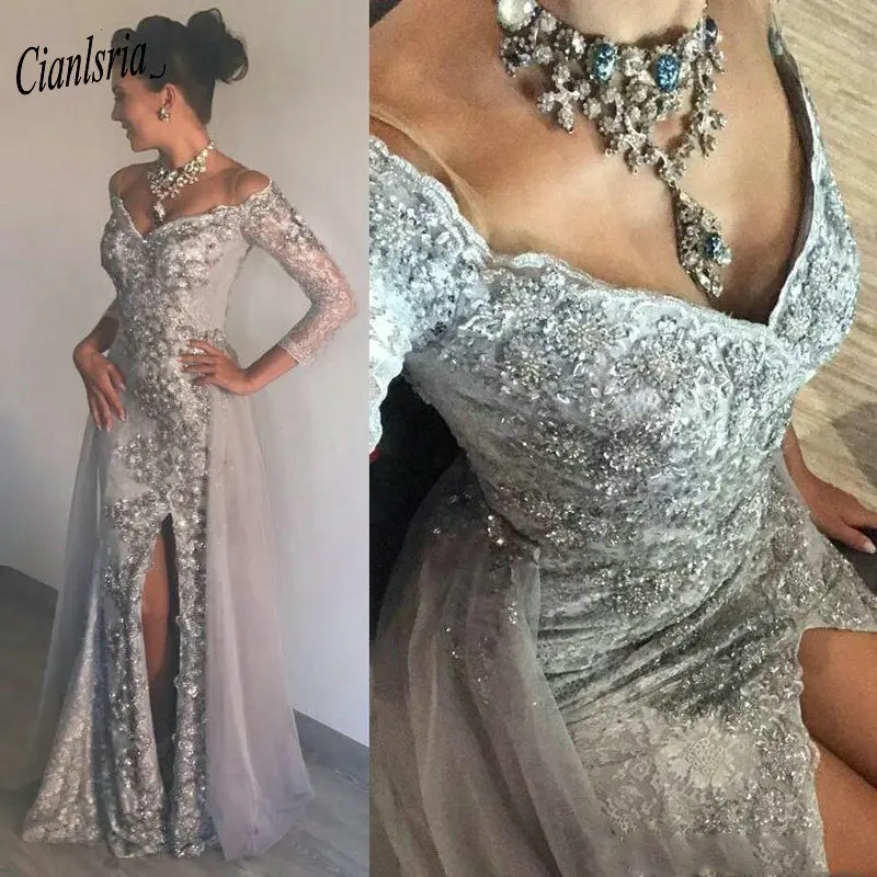 Luxurious Silver Off The Shoulder Evening Dress High Split Lace Beading Crystal Formal Evening Party Dresses robe de soiree
Luxurious Silver Off The Shoulder Evening Dress High Split Lace Beading Crystal Formal Evening Party Dresses robe de soiree