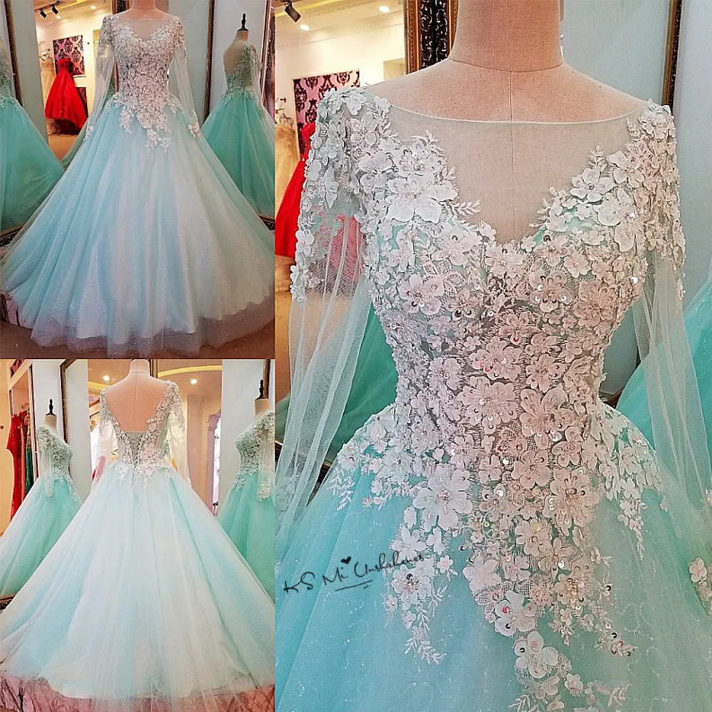 Женское свадебное платье с длинным рукавом мятно зеленое винтажное 3D цветами|sleeve