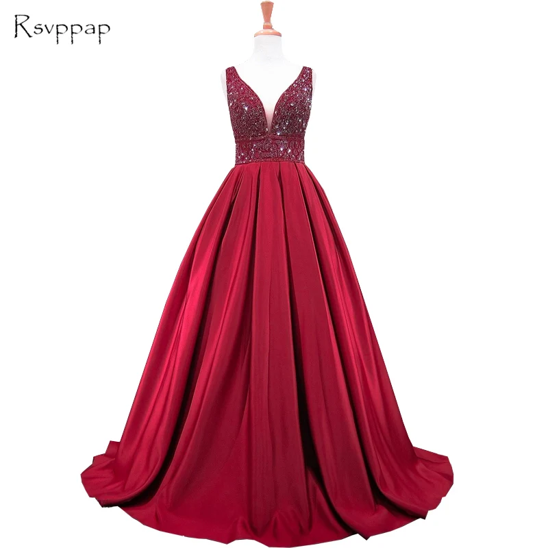 Женское длинное вечернее платье бордовое бальное трапеция с глубоким V образным