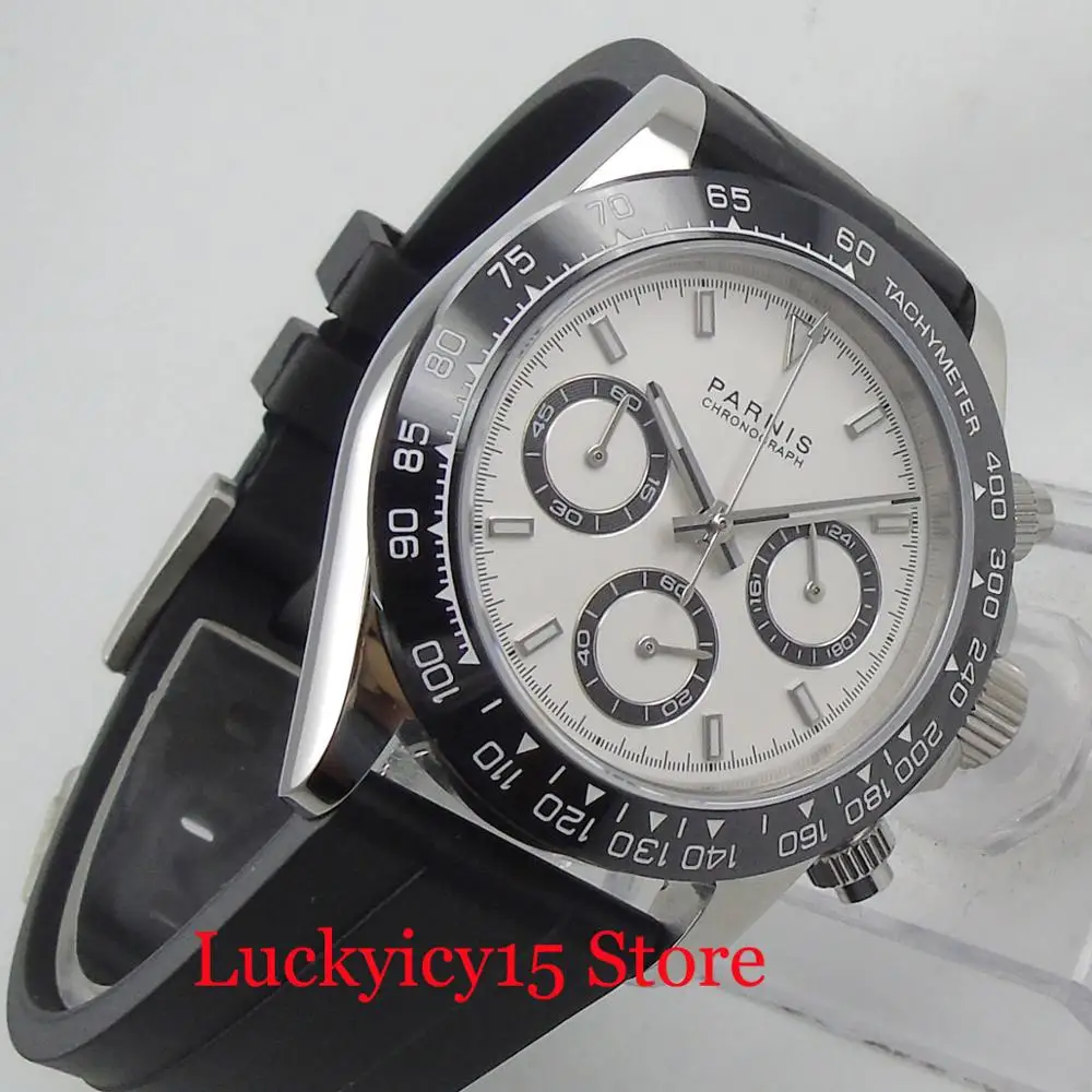 39mm White Dial Chronograph Function Quartz Men's Watch With Rubber Strap Sapphire Glass | Наручные часы