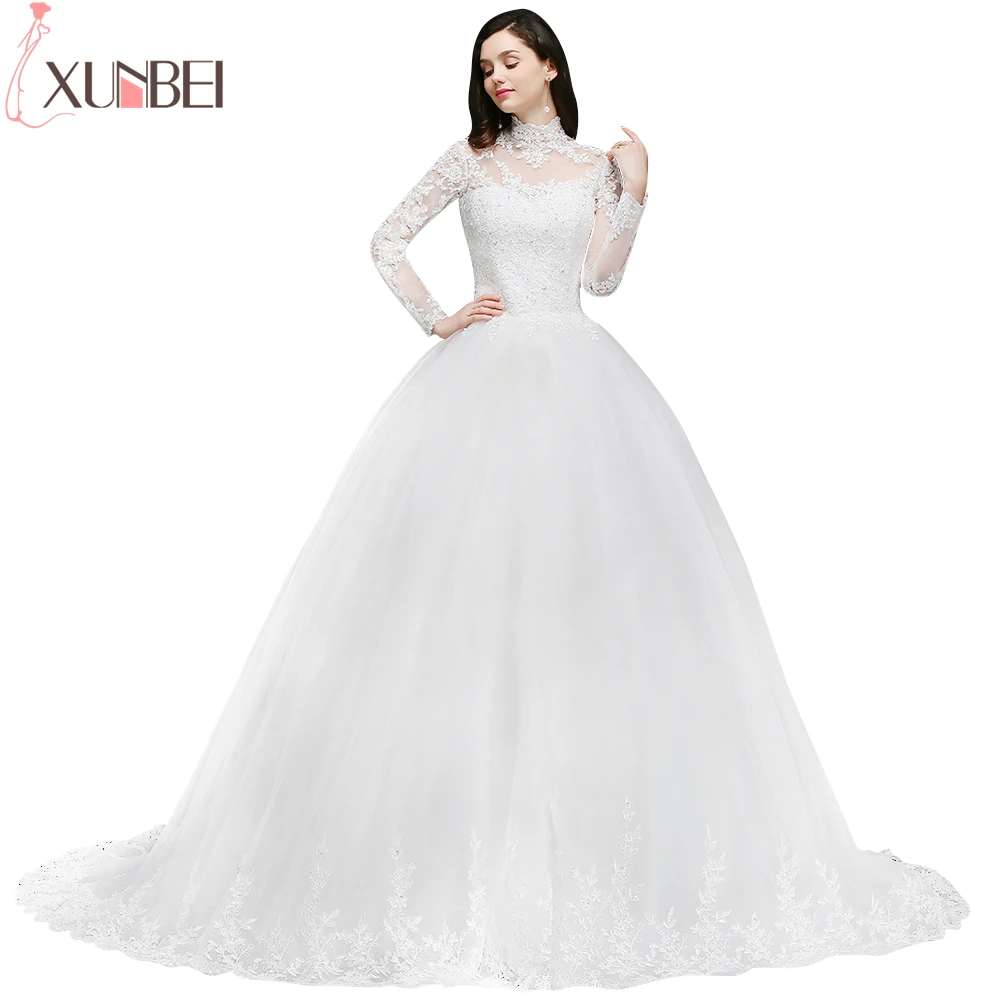Elegant High Neck Long Sleeves Ball Gown Wedding Dresses 2017 Sheer Back Zipper Up Bride Dress White Ivory vestido de noiva
Elegant High Neck Long Sleeves Ball Gown Wedding Dresses 2017 Sheer Back Zipper Up Bride Dress White Ivory vestido de noiva